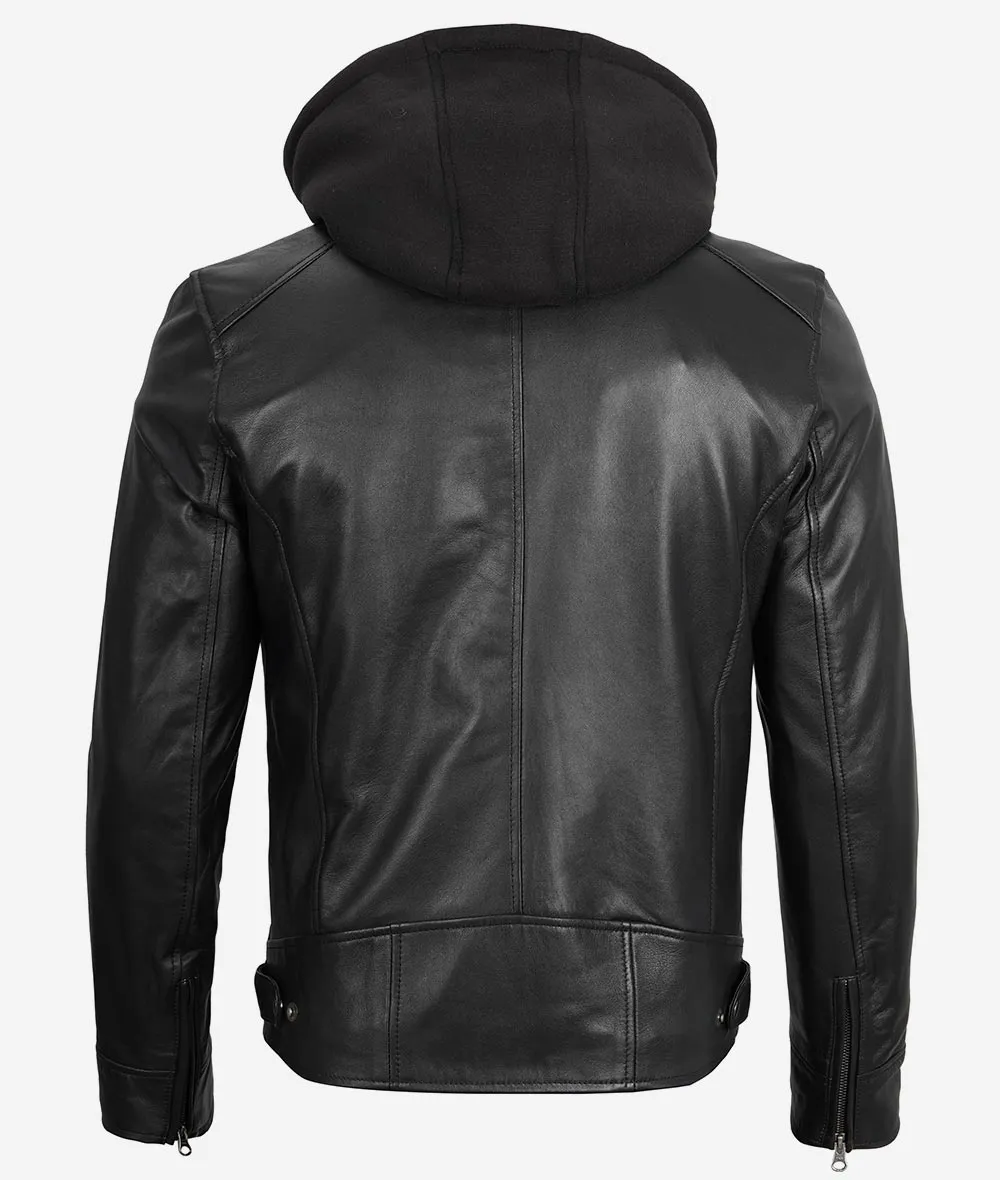 Men's Black Leather Jacket with Removable Hood