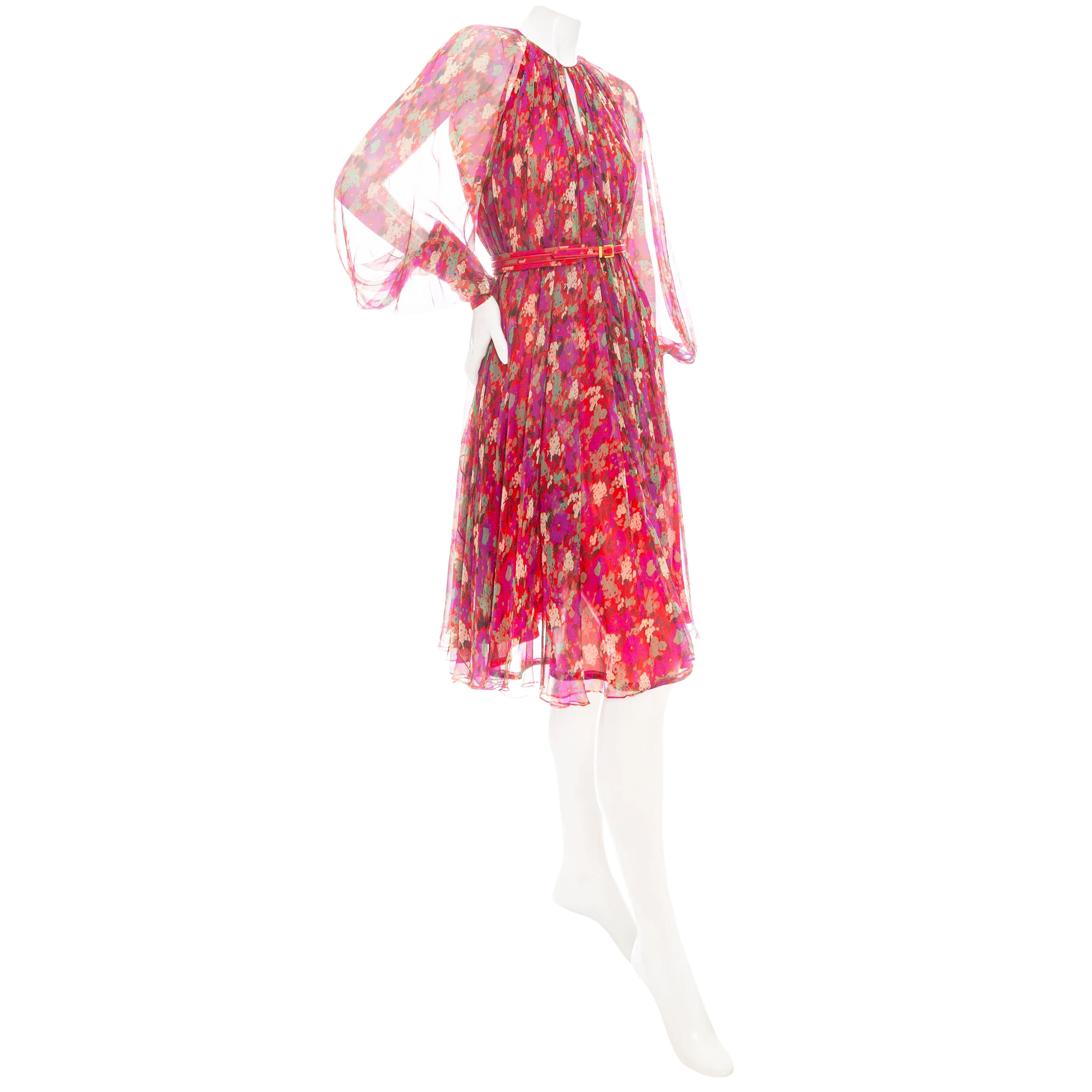 Multicolored Silk Floral-Print Bishop Sleeve Tent Dress