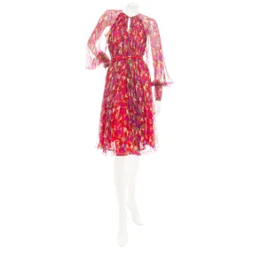 Multicolored Silk Floral-Print Bishop Sleeve Tent Dress