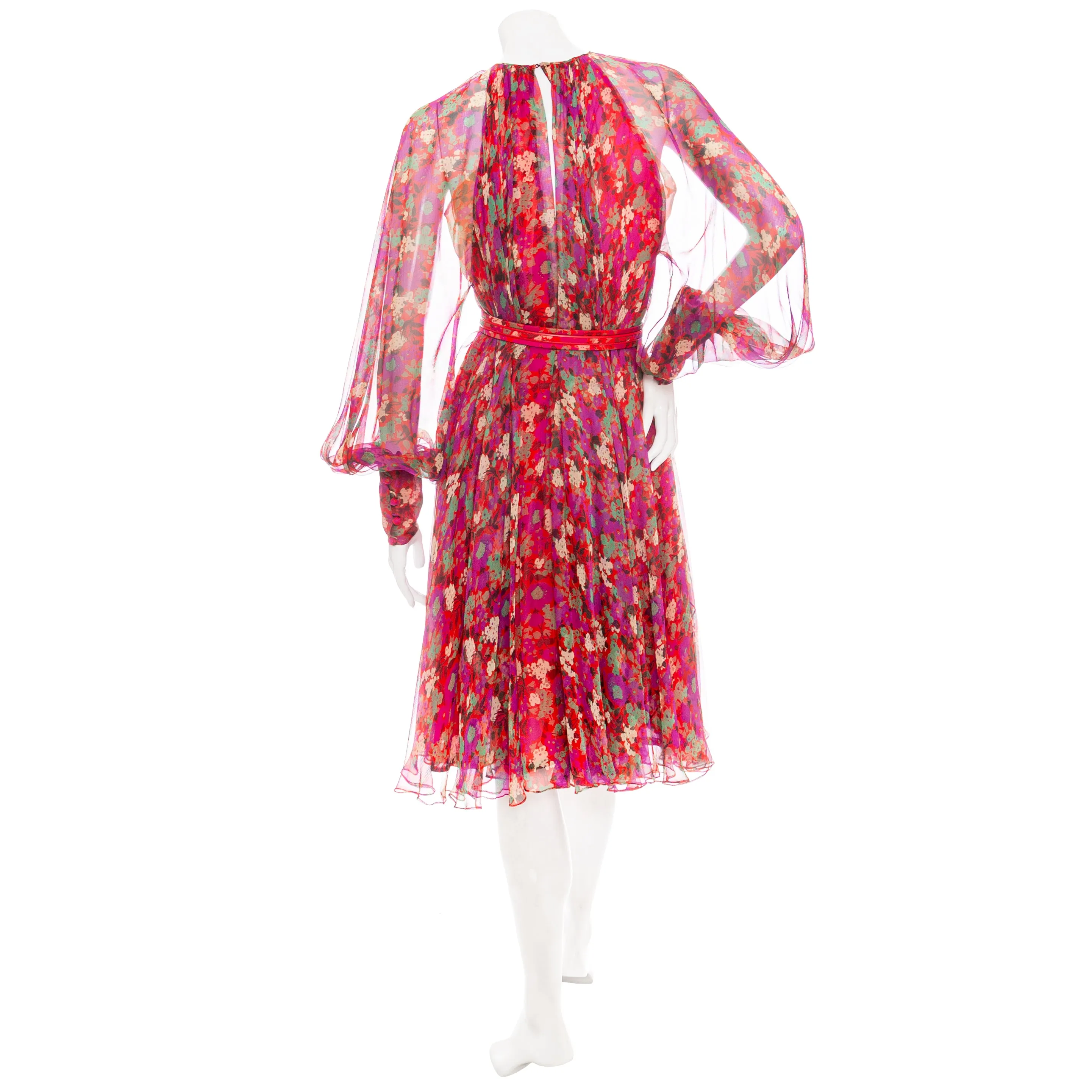 Multicolored Silk Floral-Print Bishop Sleeve Tent Dress