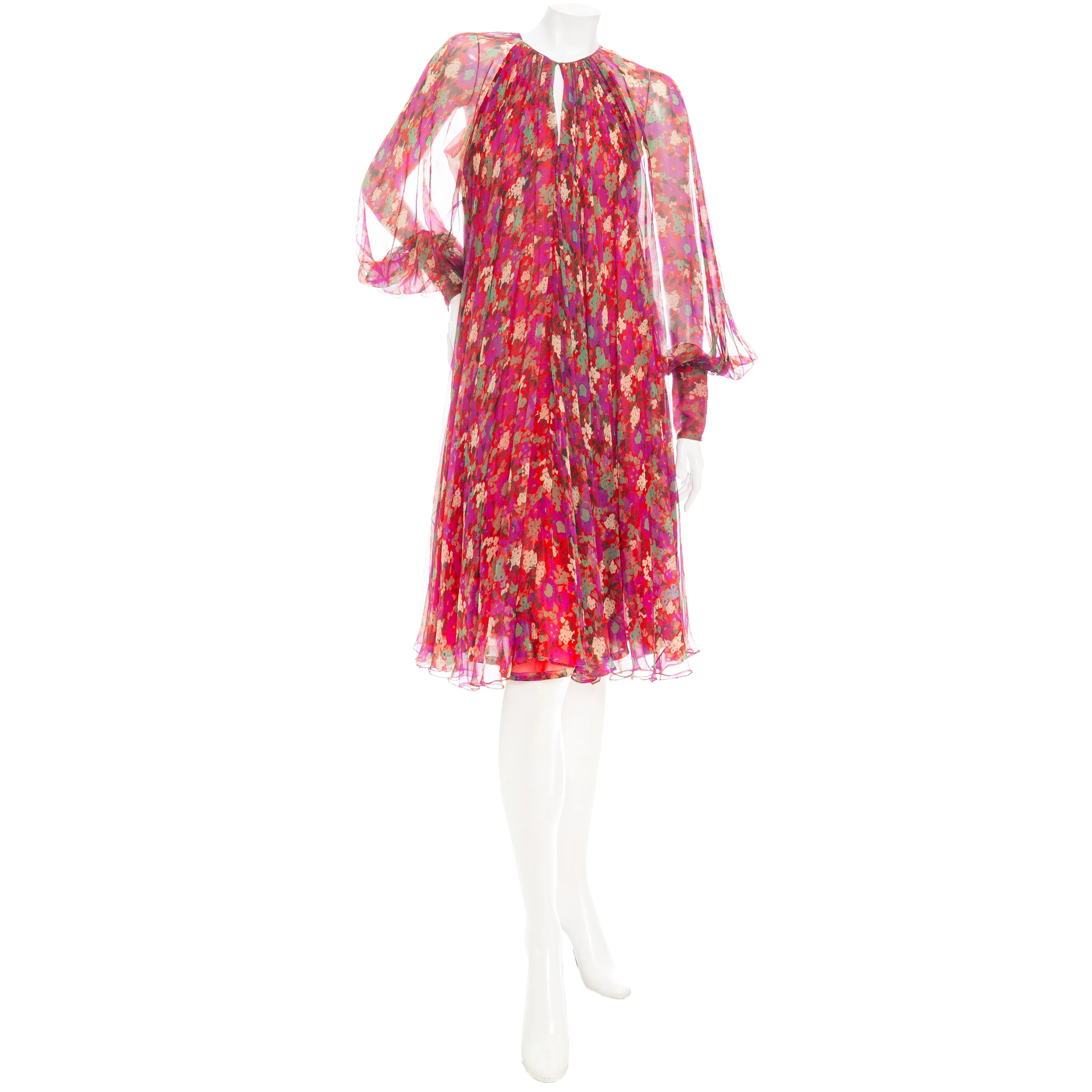 Multicolored Silk Floral-Print Bishop Sleeve Tent Dress