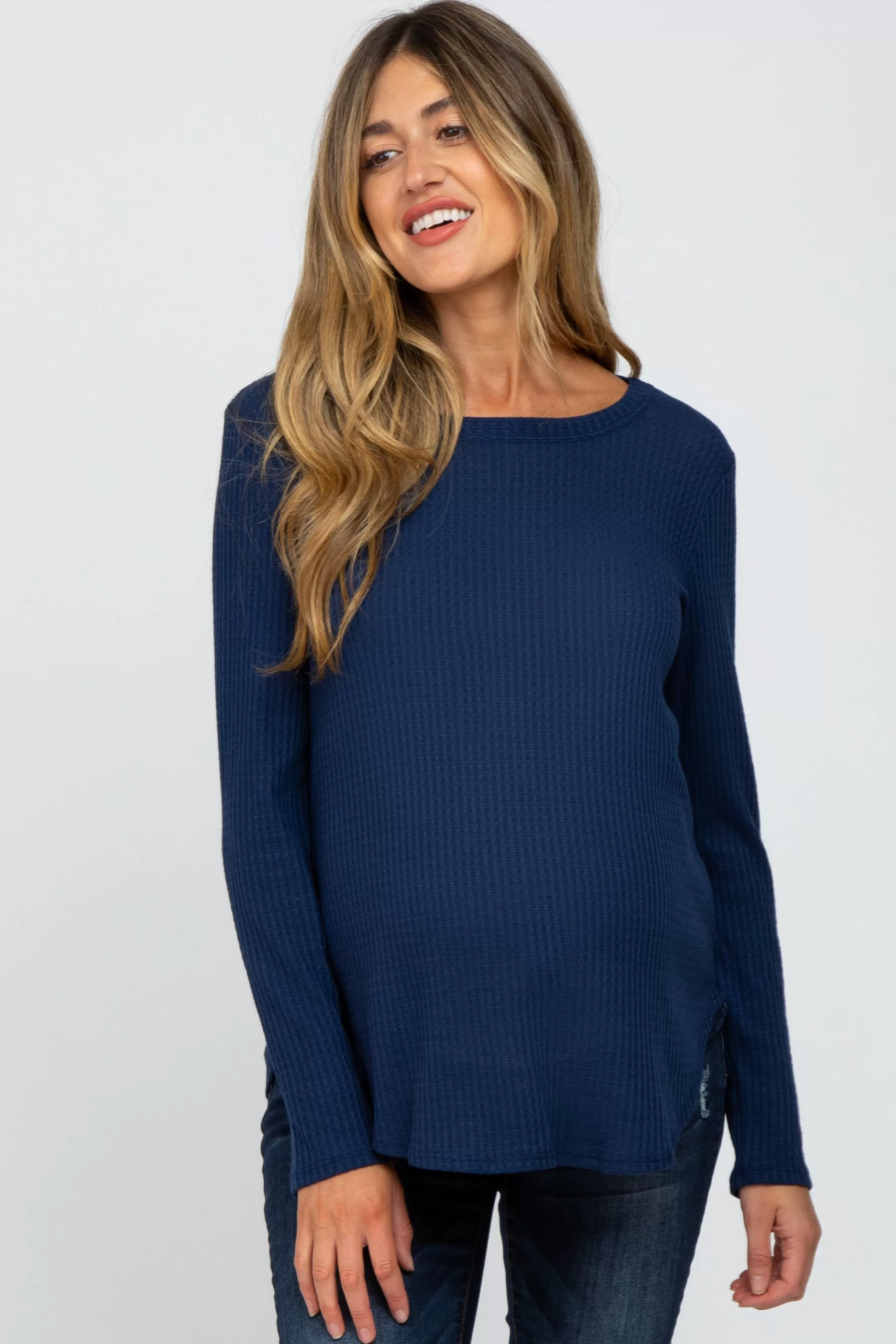 Navy Blue Basic Waffle Knit Maternity Long Sleeve Top