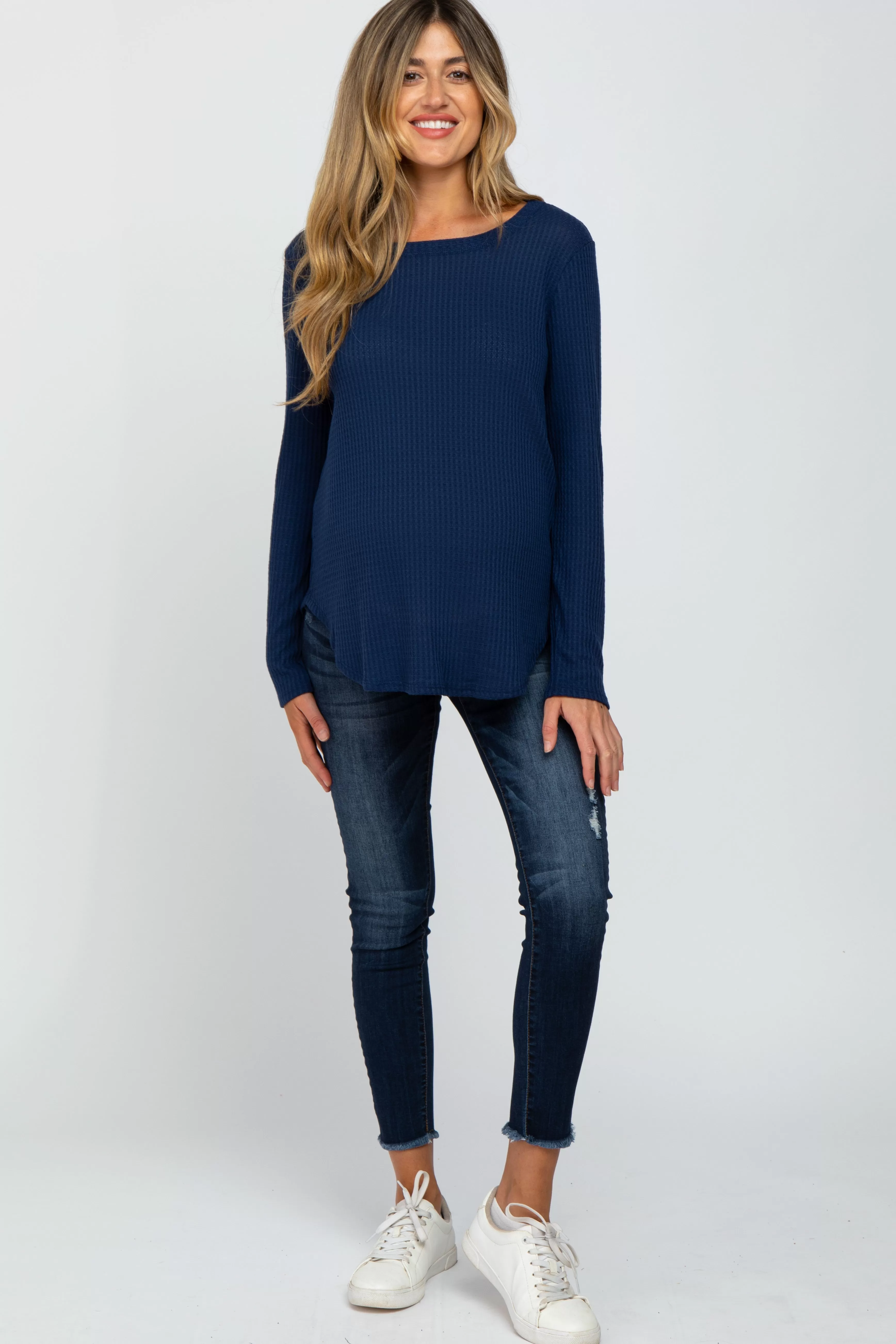 Navy Blue Basic Waffle Knit Maternity Long Sleeve Top