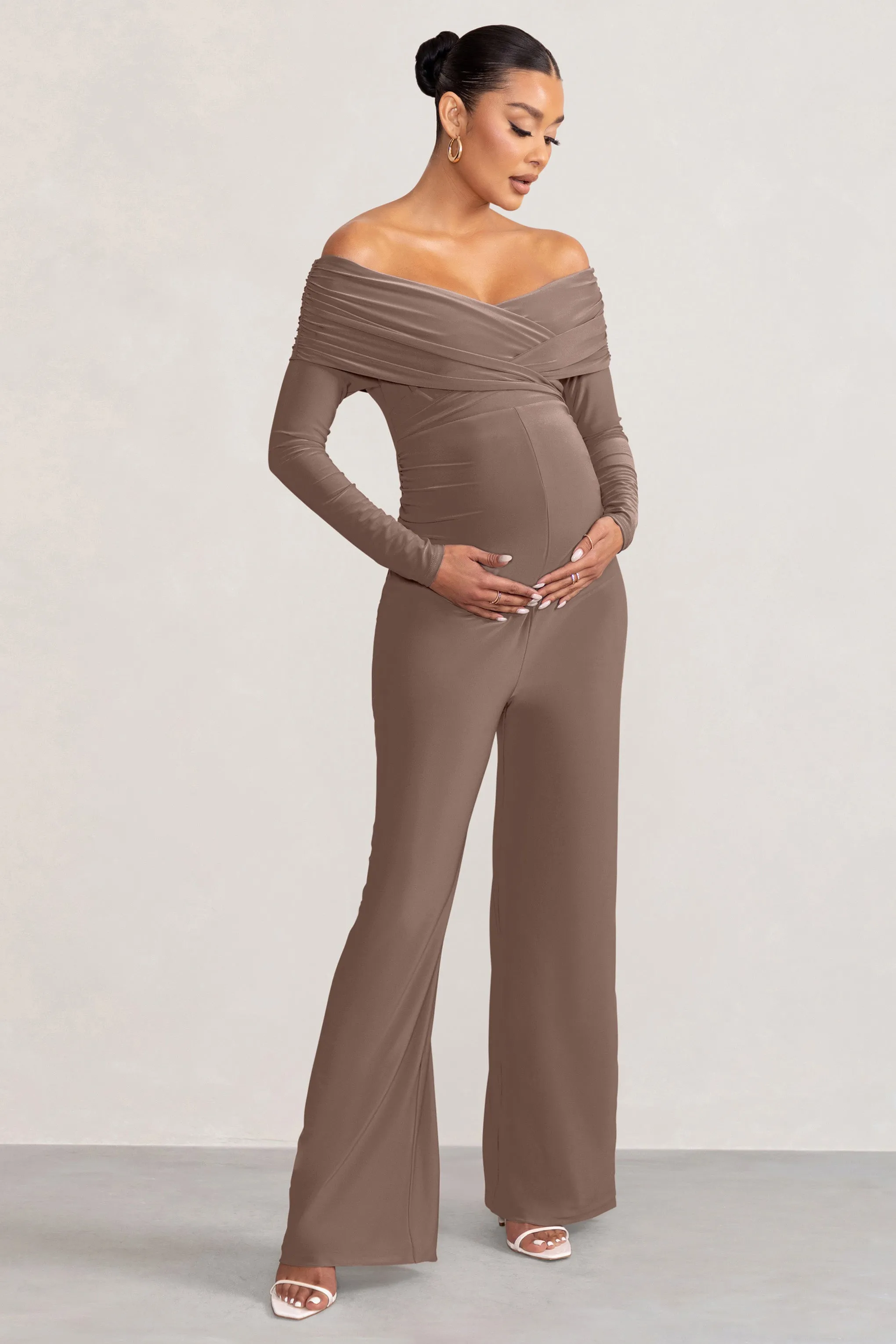 Nuala | Mocha Bardot Maternity Jumpsuit with Long Sleeves