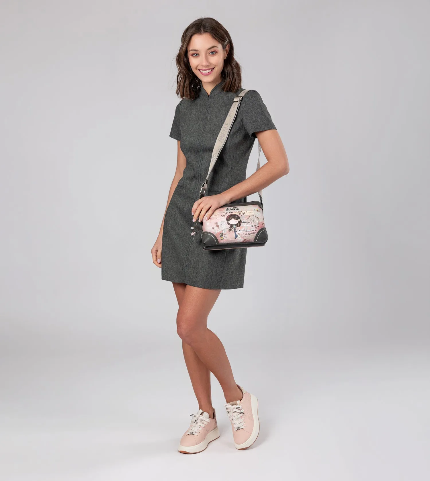 Peace & Love pink 2-compartment crossbody bag