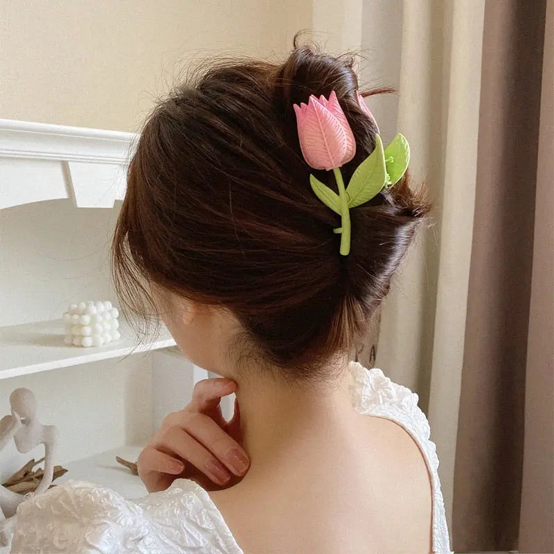 Pink 3D Tulip Hair Claws Shark Clip Floral Hair Accessories W355