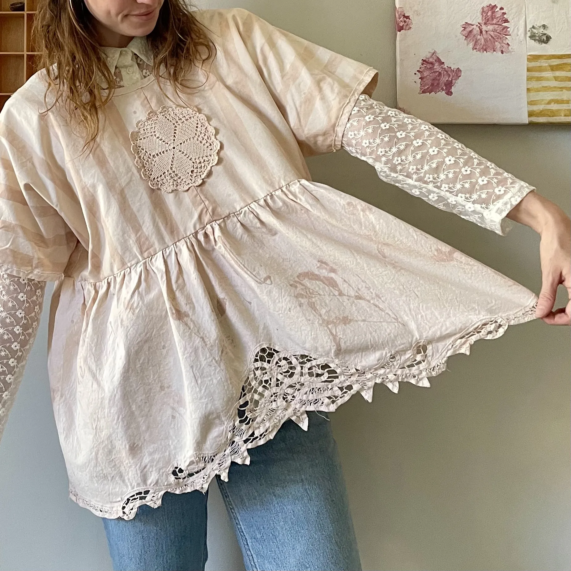 Pink Avocado Dyed Tablecloth Top - Floral + Stripe