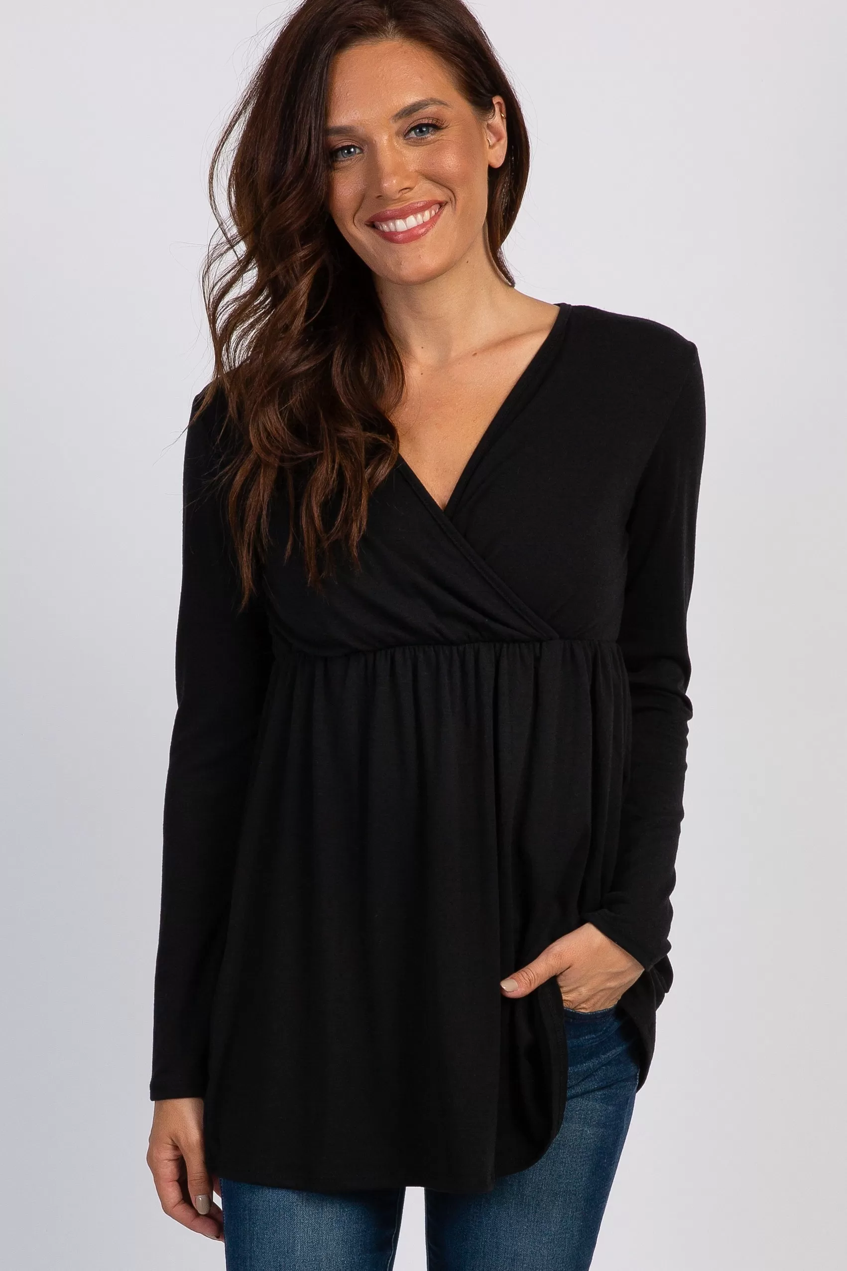 PinkBlush Black Long Sleeve Wrap Front Maternity Nursing Top