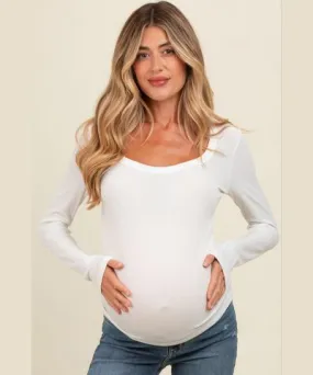 PinkBlush Ivory Ribbed Square Neck Long Sleeve Maternity Top