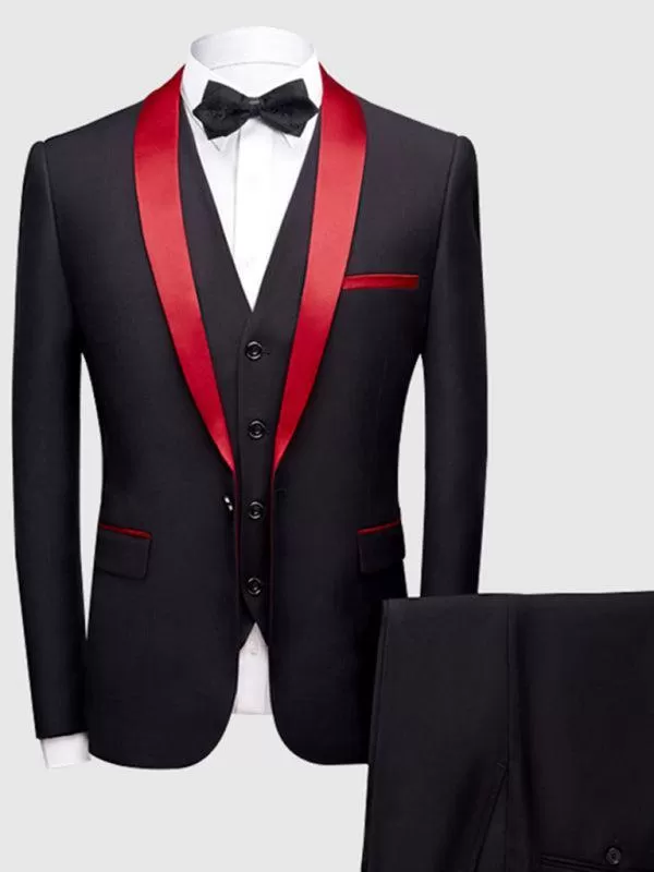 Red Lapel Collar Three Piece Tuxedo Suit