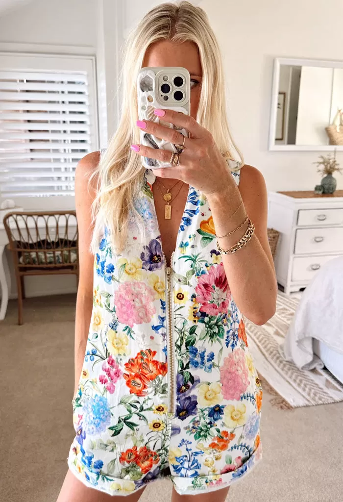 Reno Romper-Ivory Botanical Floral Denim