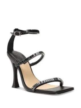 SCHUTZ Womens Black Mixed Media Padded Embellished Ankle Strap Nellina Square Toe Sculpted Heel Buckle Leather Dress Heeled B