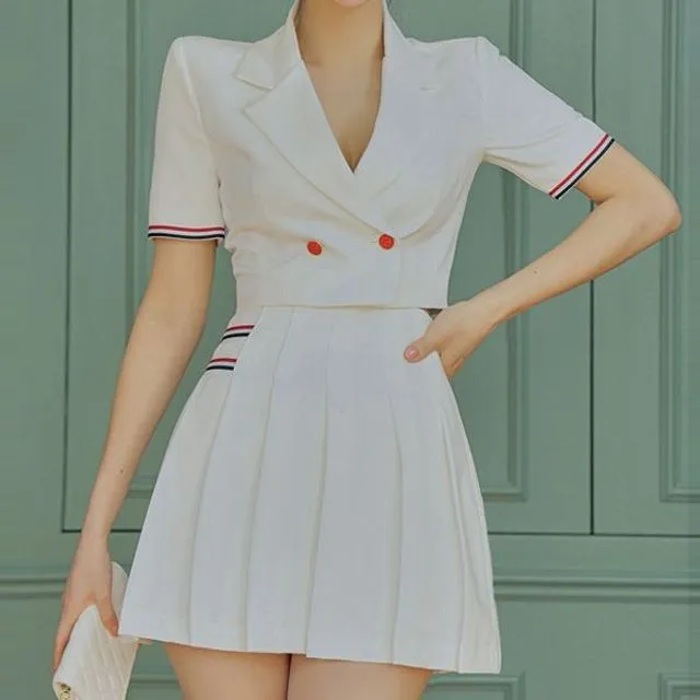 Set: Short-Sleeve Cropped Blazer + High Waist Pleated Mini A-Line Skirt EE24