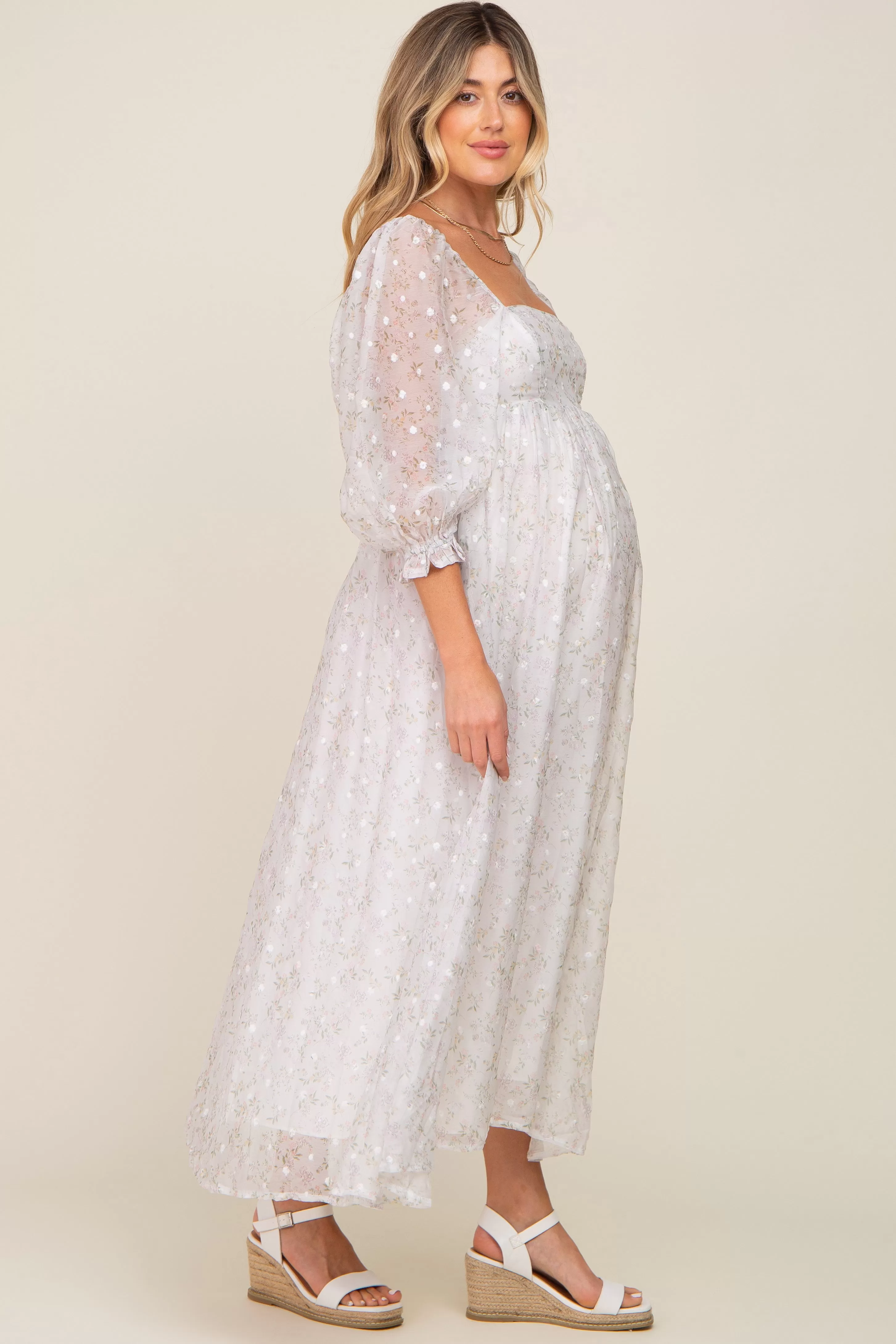 Silver Floral Square Neck Puff Sleeve Organza Maternity Maxi Dress