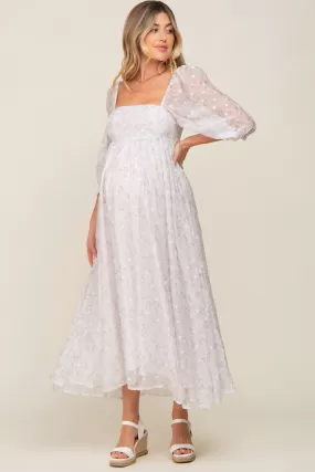 Silver Floral Square Neck Puff Sleeve Organza Maternity Maxi Dress