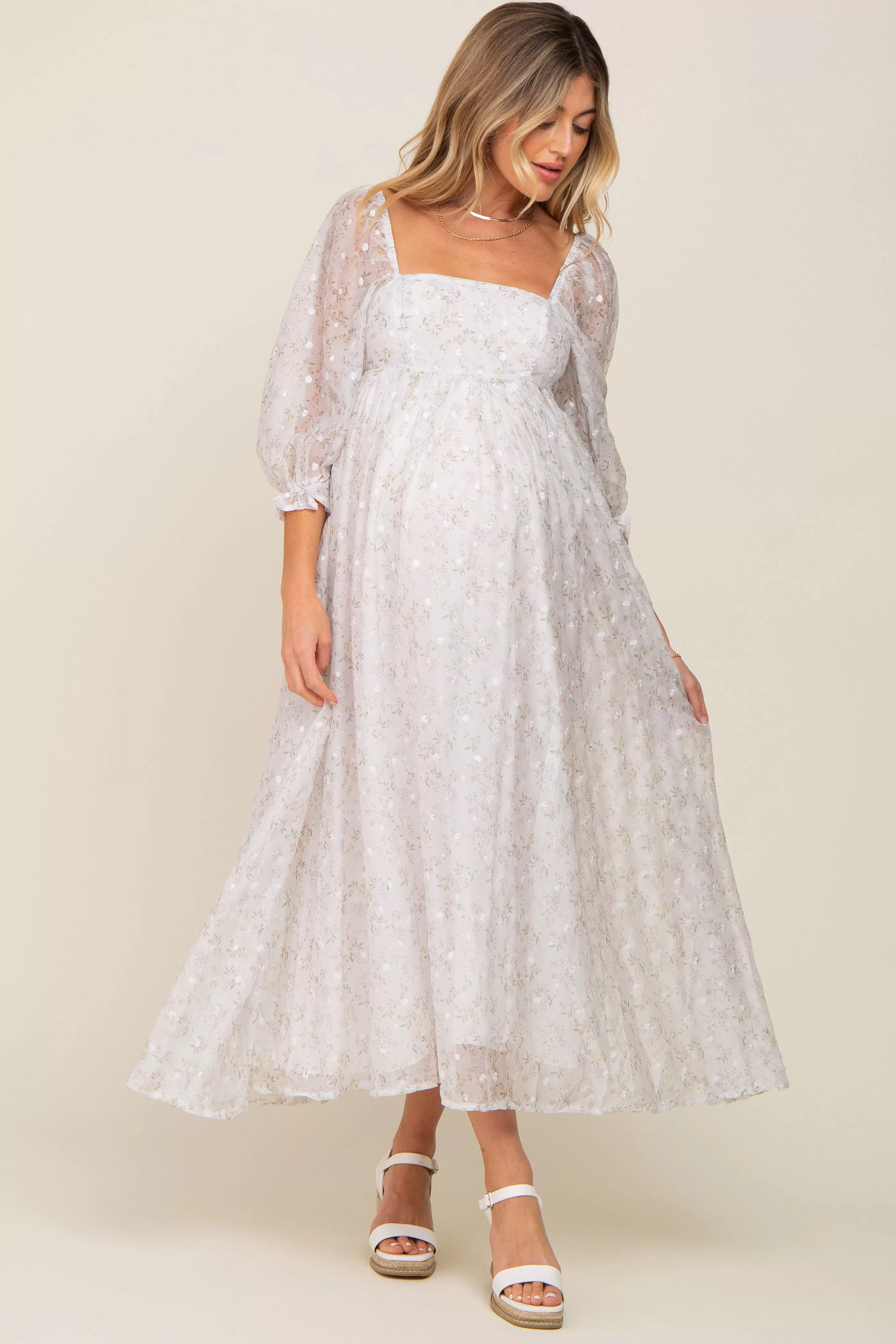 Silver Floral Square Neck Puff Sleeve Organza Maternity Maxi Dress