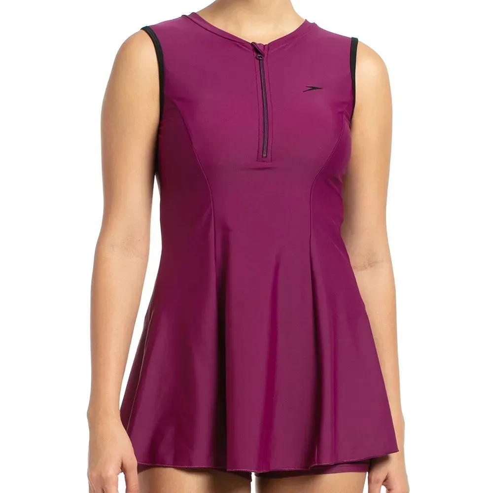 Speedo Women's Closedback Swimdress With Boyleg (Deep Plum/Black)