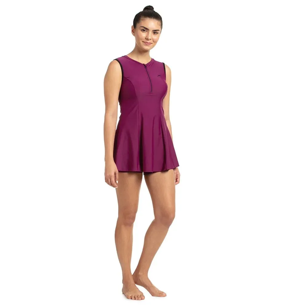 Speedo Women's Closedback Swimdress With Boyleg (Deep Plum/Black)