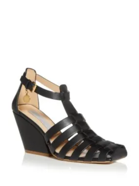 STELLAMCCARTNEY Womens Black Caged Handing Logo Hardware Ankle Strap Padded Cowboy 90mm Square Toe Block Heel Buckle Dress Heele