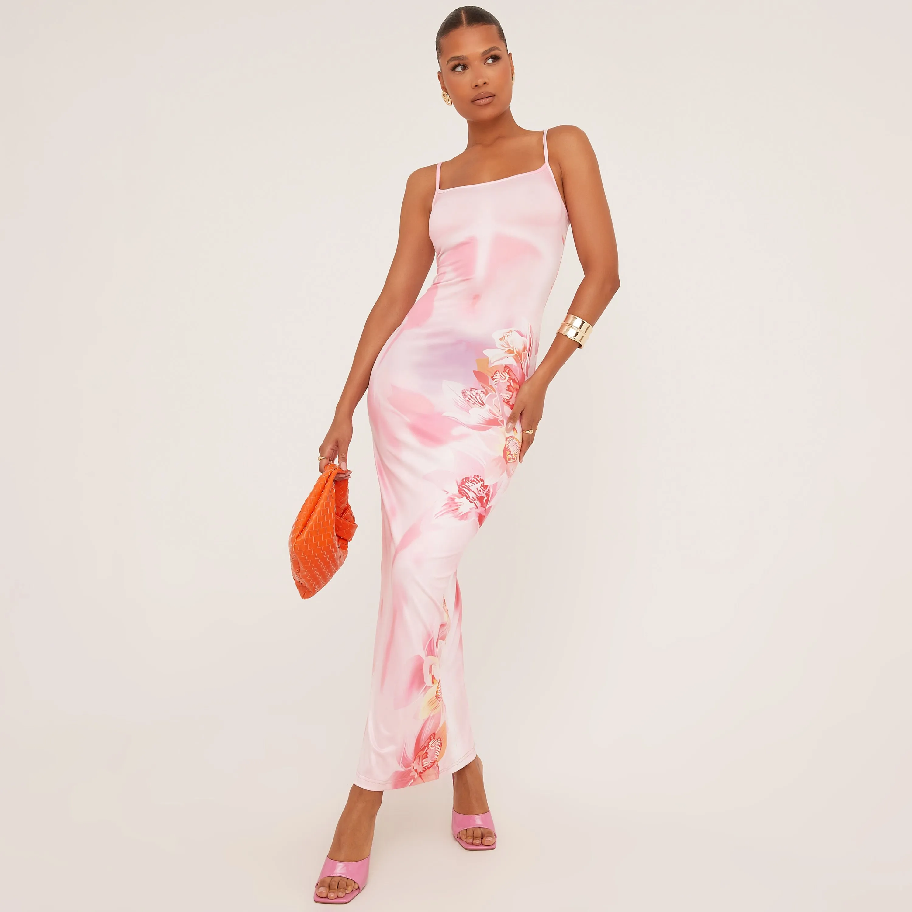 Strappy Floral Heatmap Print Maxi Dress In Pink Slinky