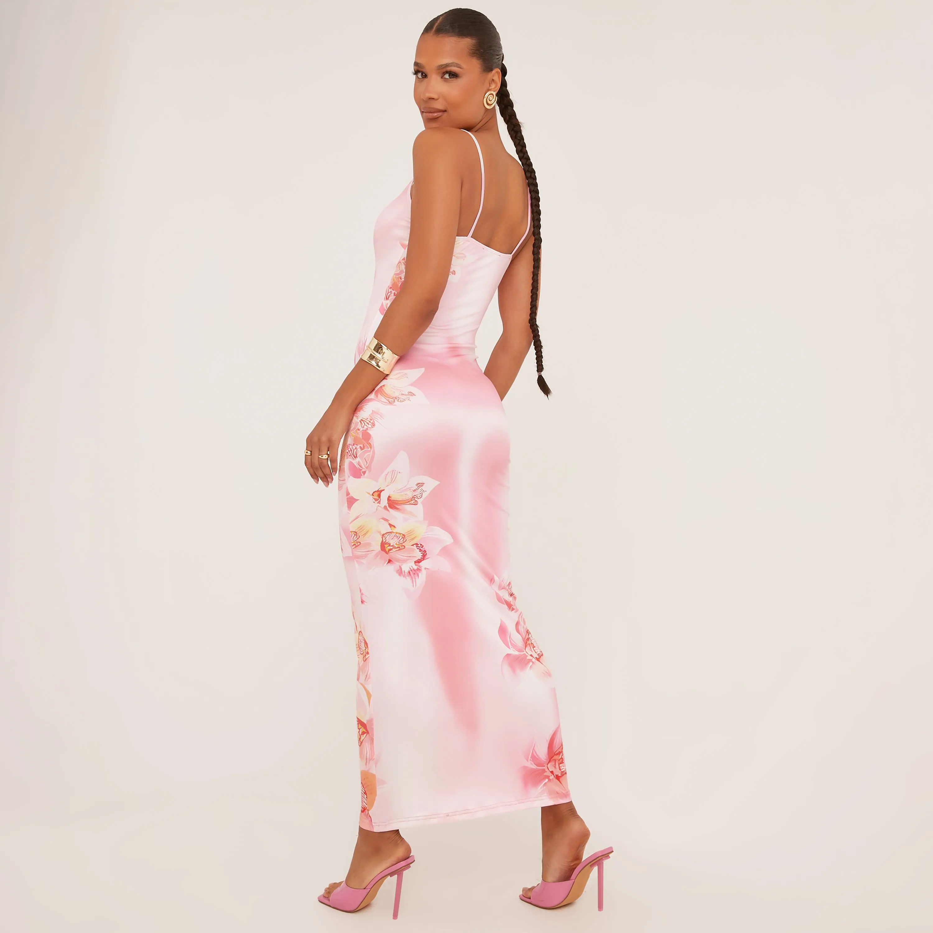 Strappy Floral Heatmap Print Maxi Dress In Pink Slinky