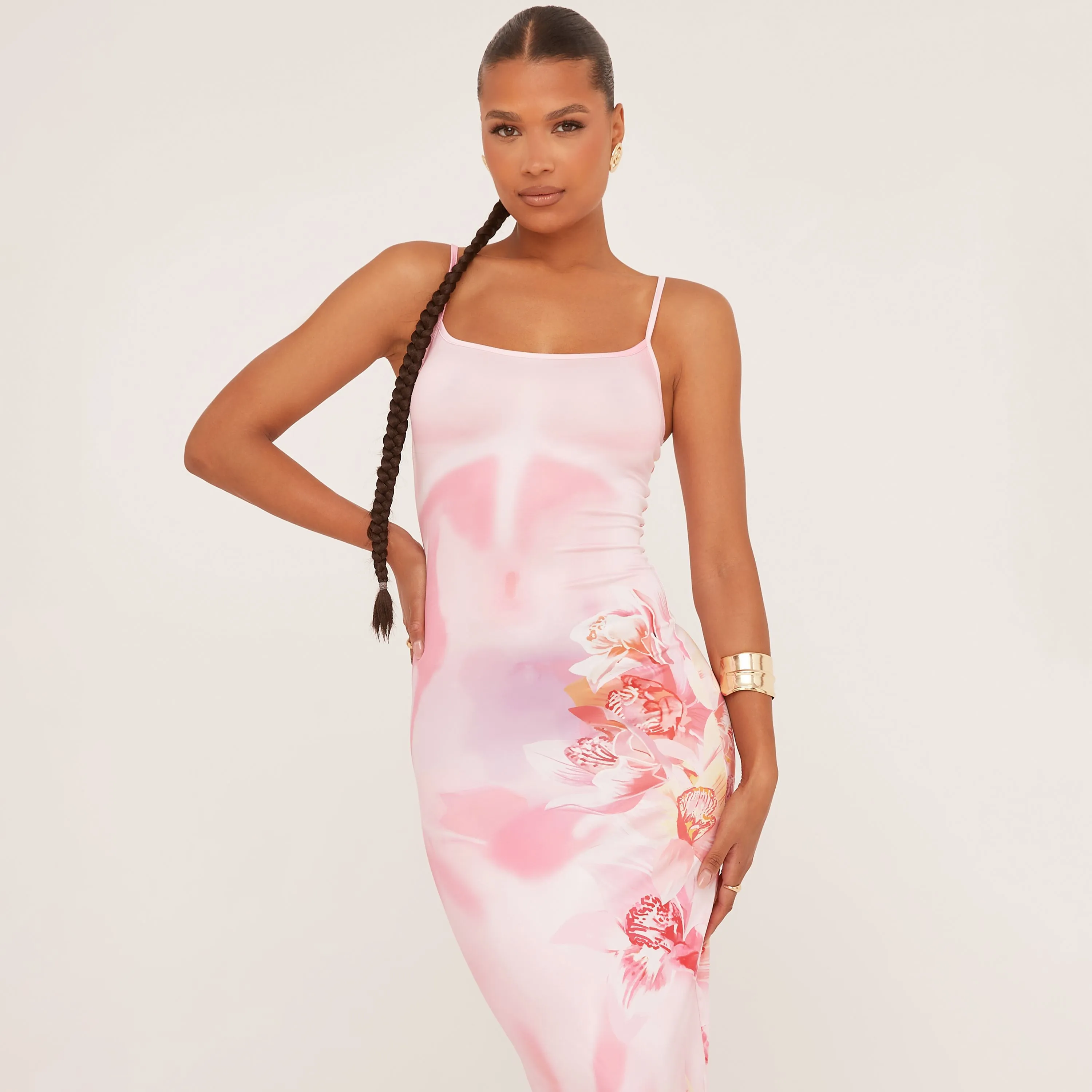 Strappy Floral Heatmap Print Maxi Dress In Pink Slinky