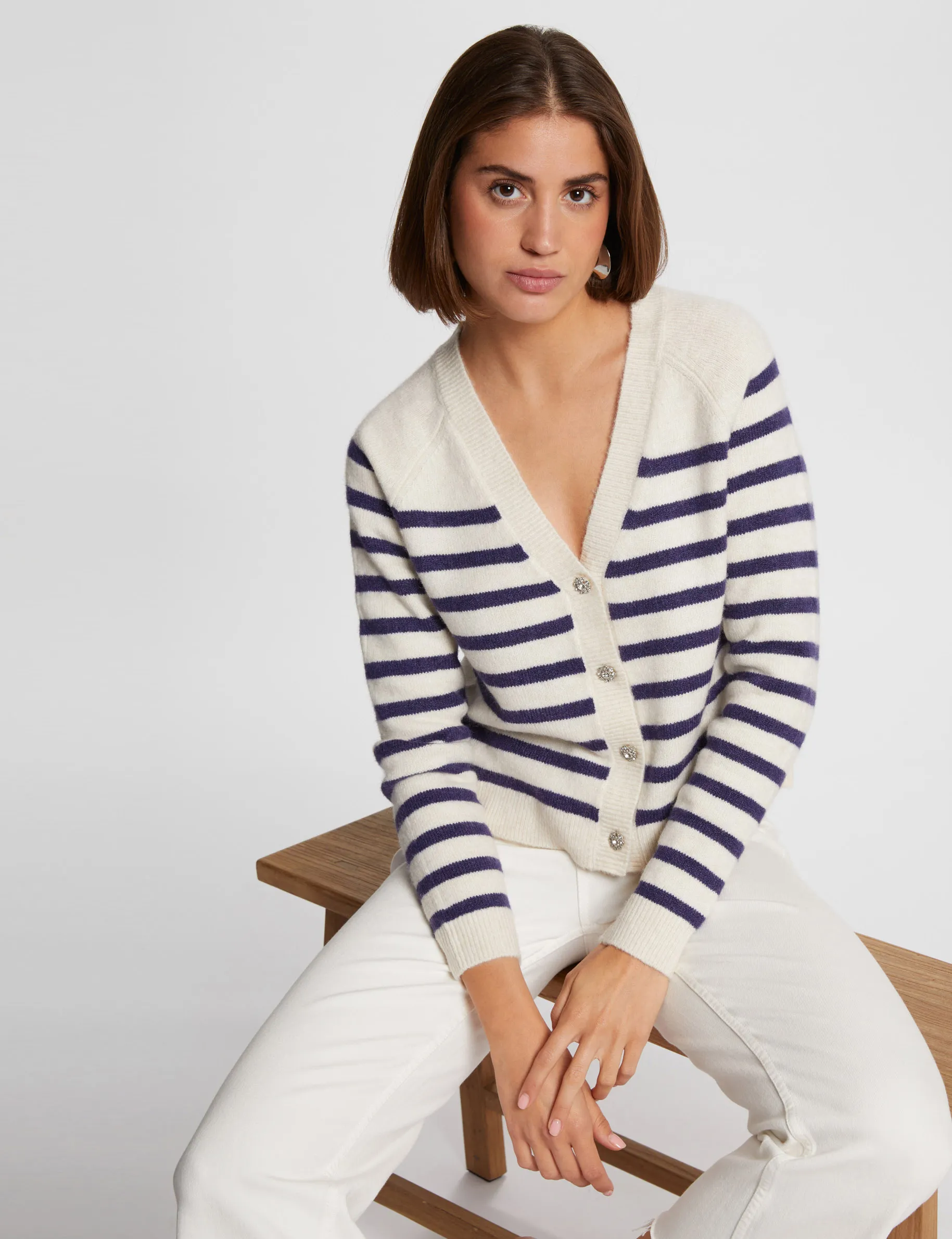 Stripped long-sleeved cardigan ivory women