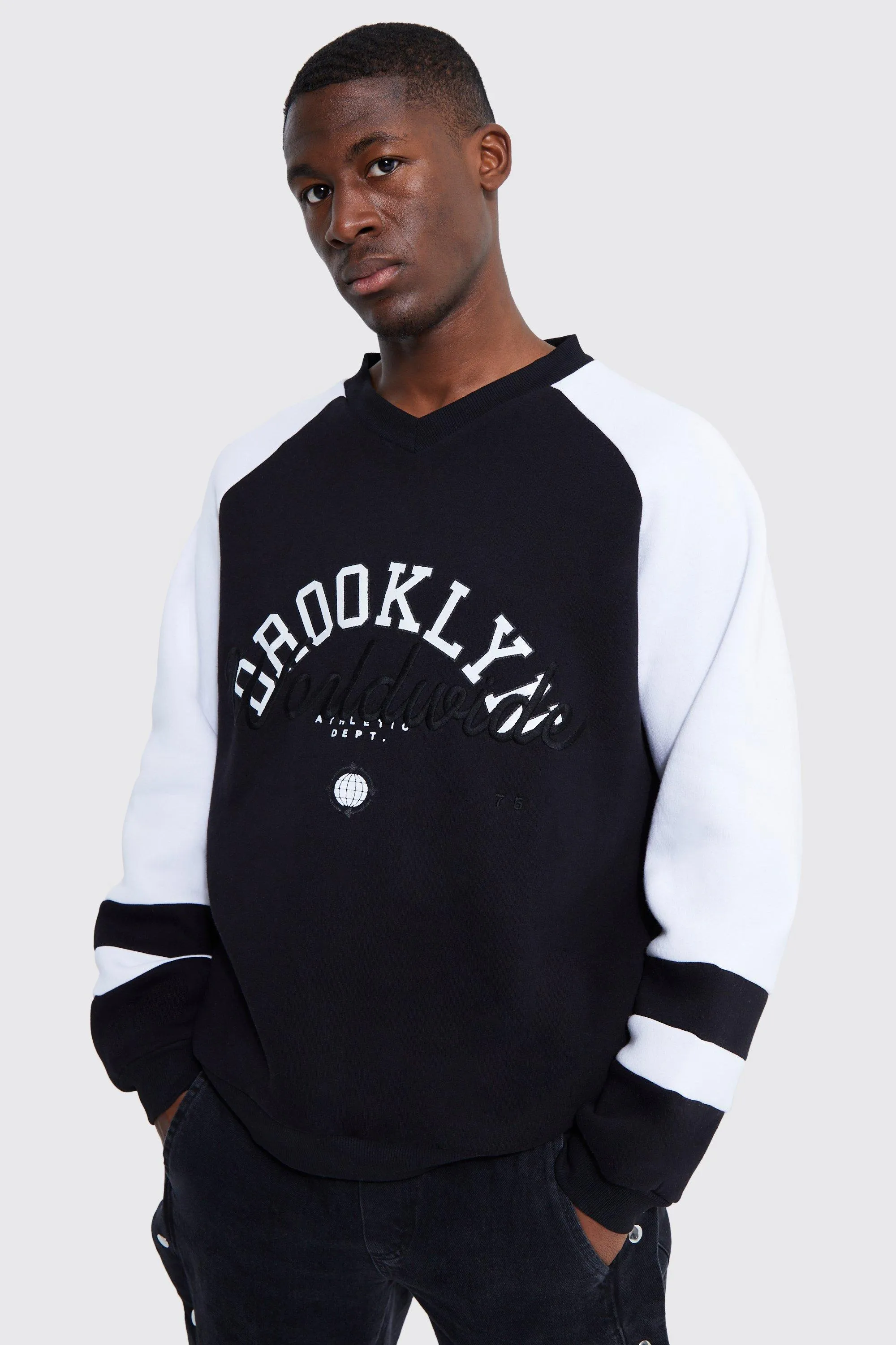 Tall Varsity Raglan Colour Block V Neck Sweater