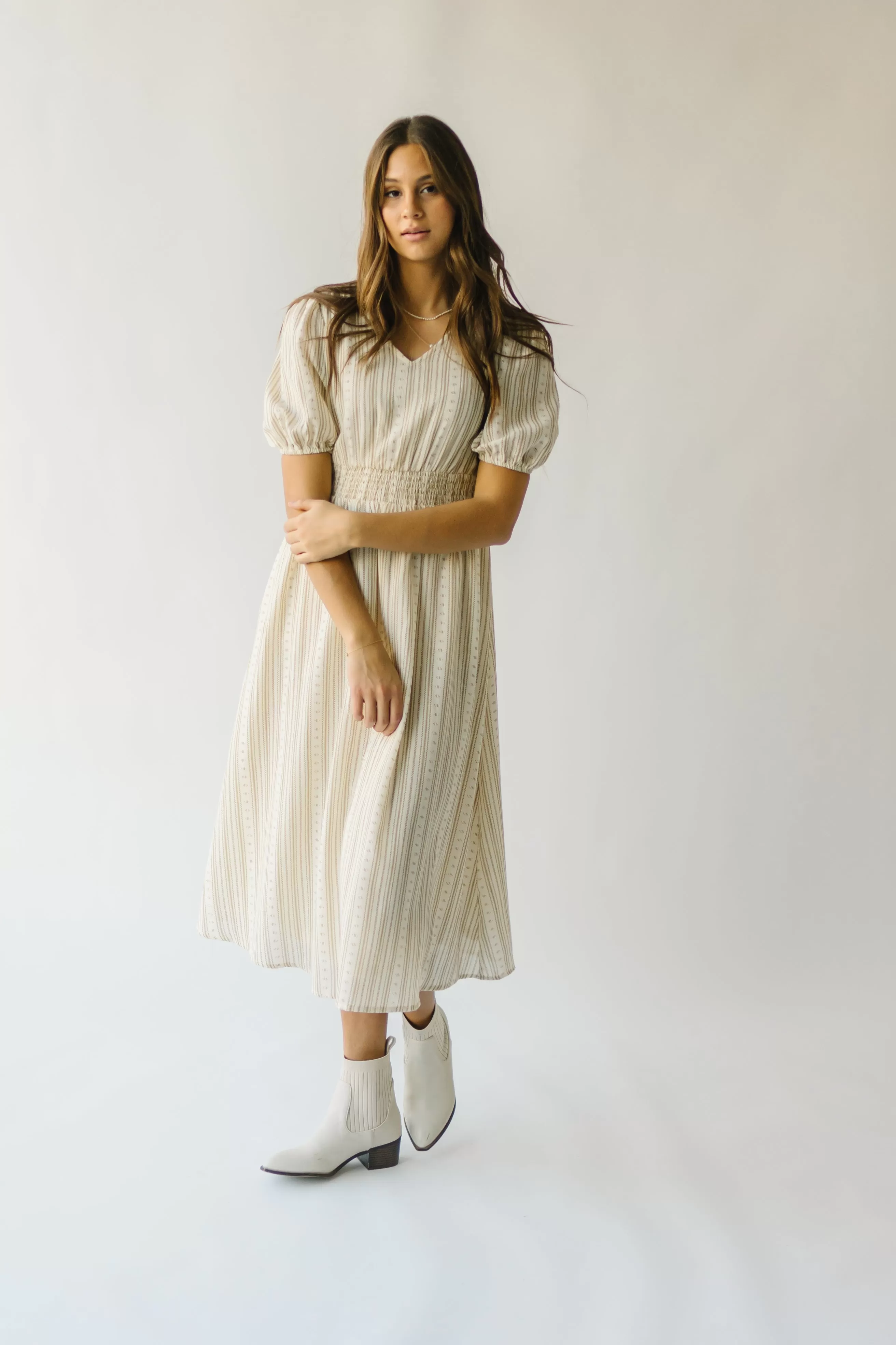 The Giovanna Puff Sleeve Midi Dress in Natural