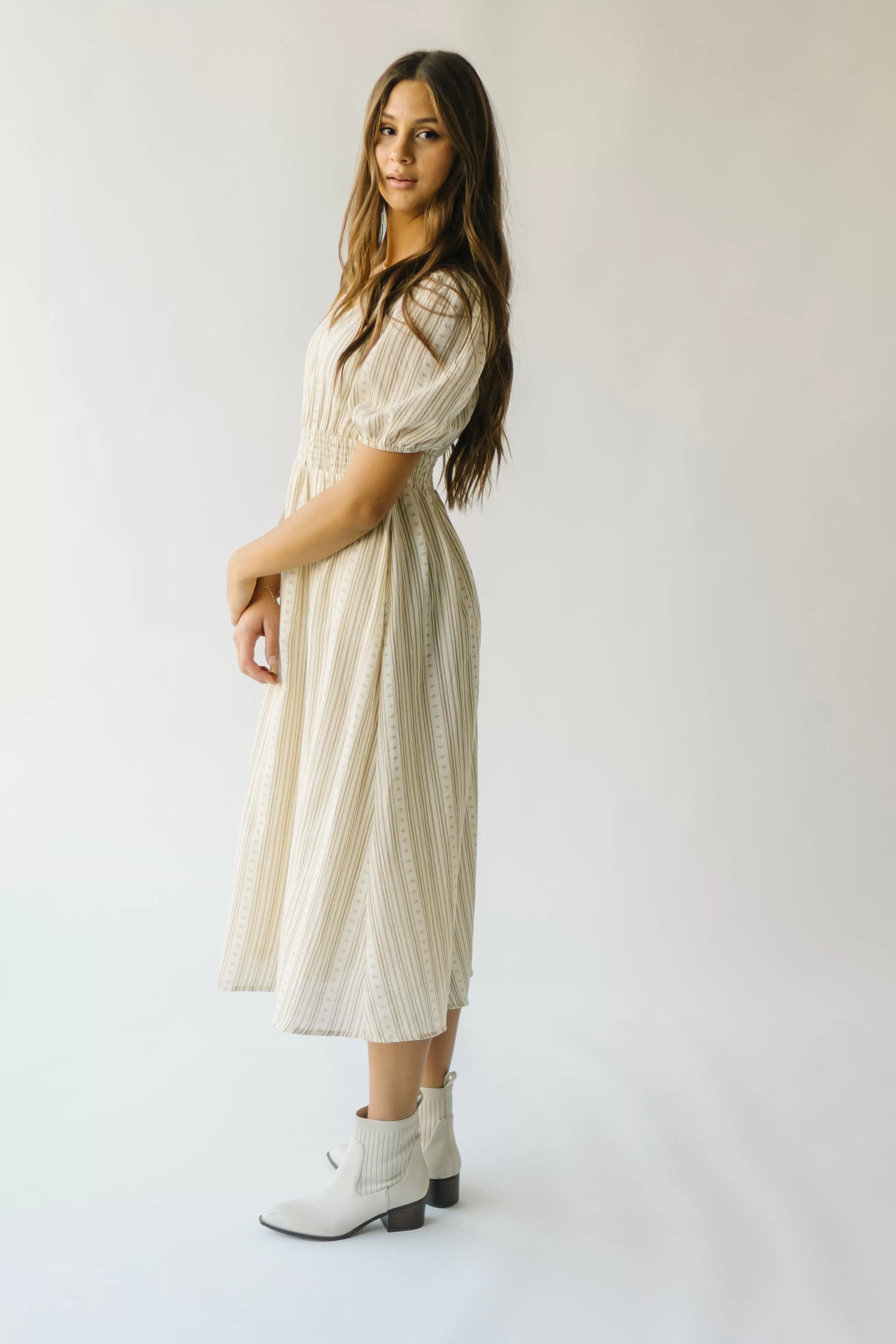 The Giovanna Puff Sleeve Midi Dress in Natural