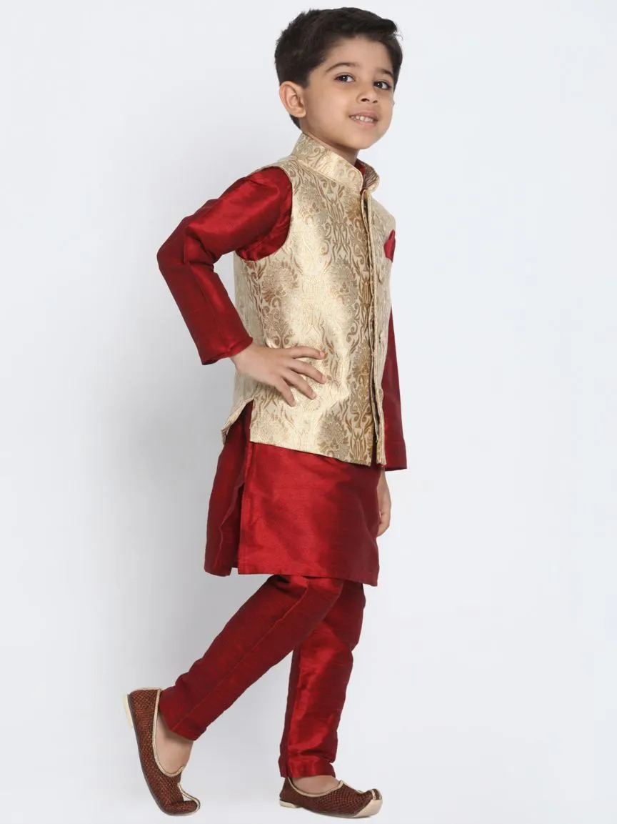 VASTRAMAY Boys' Gold Cotton Silk Blend Waistcoat, Maroon Kurta and Pyjama Set