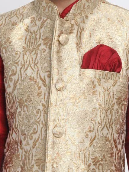 VASTRAMAY Boys' Gold Cotton Silk Blend Waistcoat, Maroon Kurta and Pyjama Set