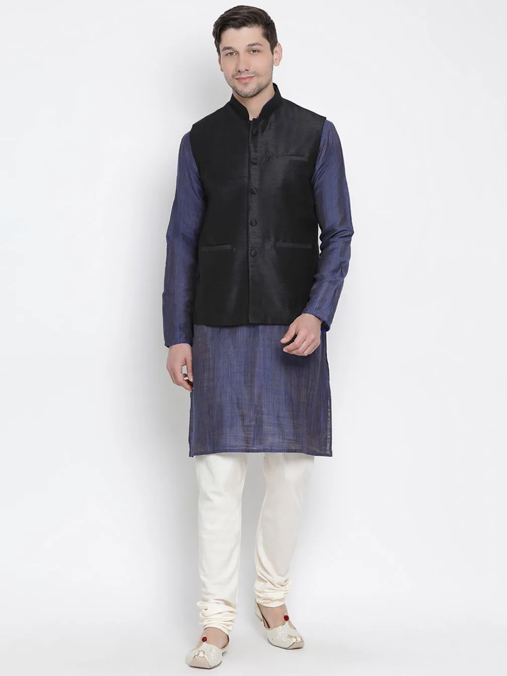 VASTRAMAY Men's Blue Cotton Silk Blend Kurta, Ethnic Jacket and Pyjama Set