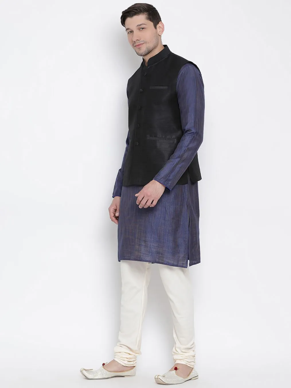 VASTRAMAY Men's Blue Cotton Silk Blend Kurta, Ethnic Jacket and Pyjama Set