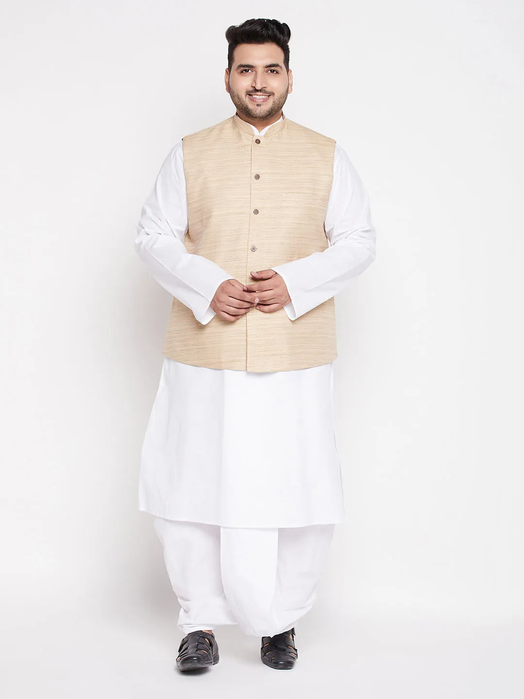 VASTRAMAY Men's Plus Size Beige Cotton Blend Jacket With White Kurta And Dhoti Set