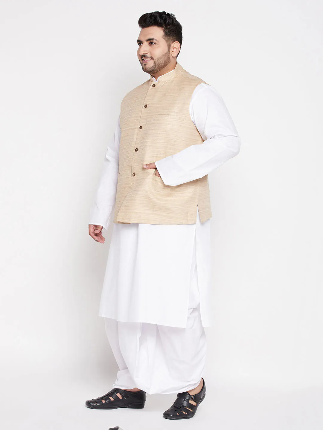 VASTRAMAY Men's Plus Size Beige Cotton Blend Jacket With White Kurta And Dhoti Set