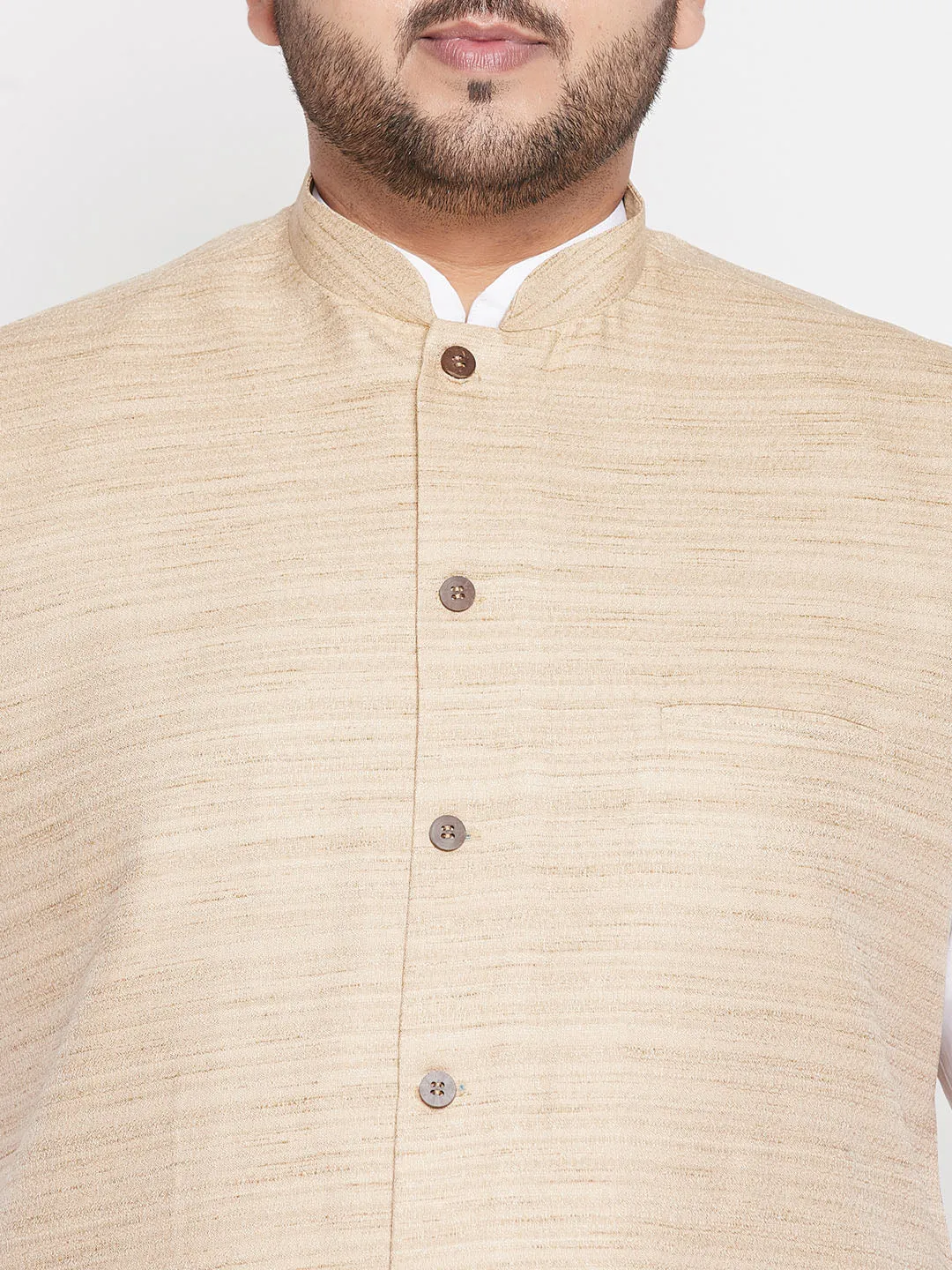 VASTRAMAY Men's Plus Size Beige Cotton Blend Jacket With White Kurta And Dhoti Set