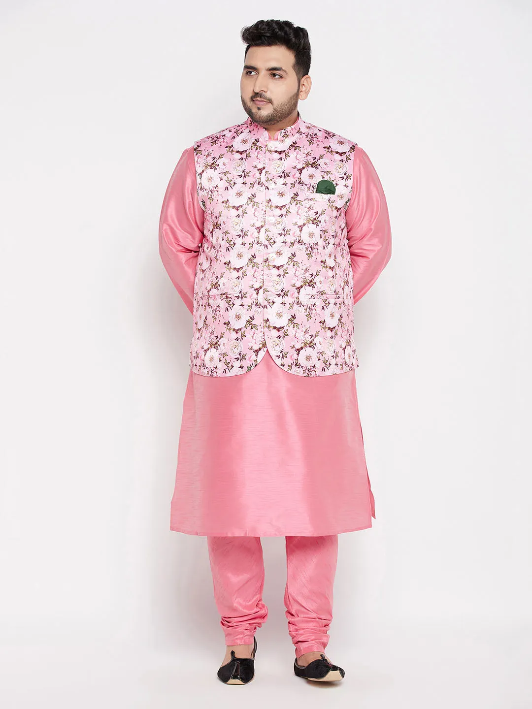 VASTRAMAY Men's Plus Size Pink Floral printed Jacket With Pink Solid Kurta Pyjama Set