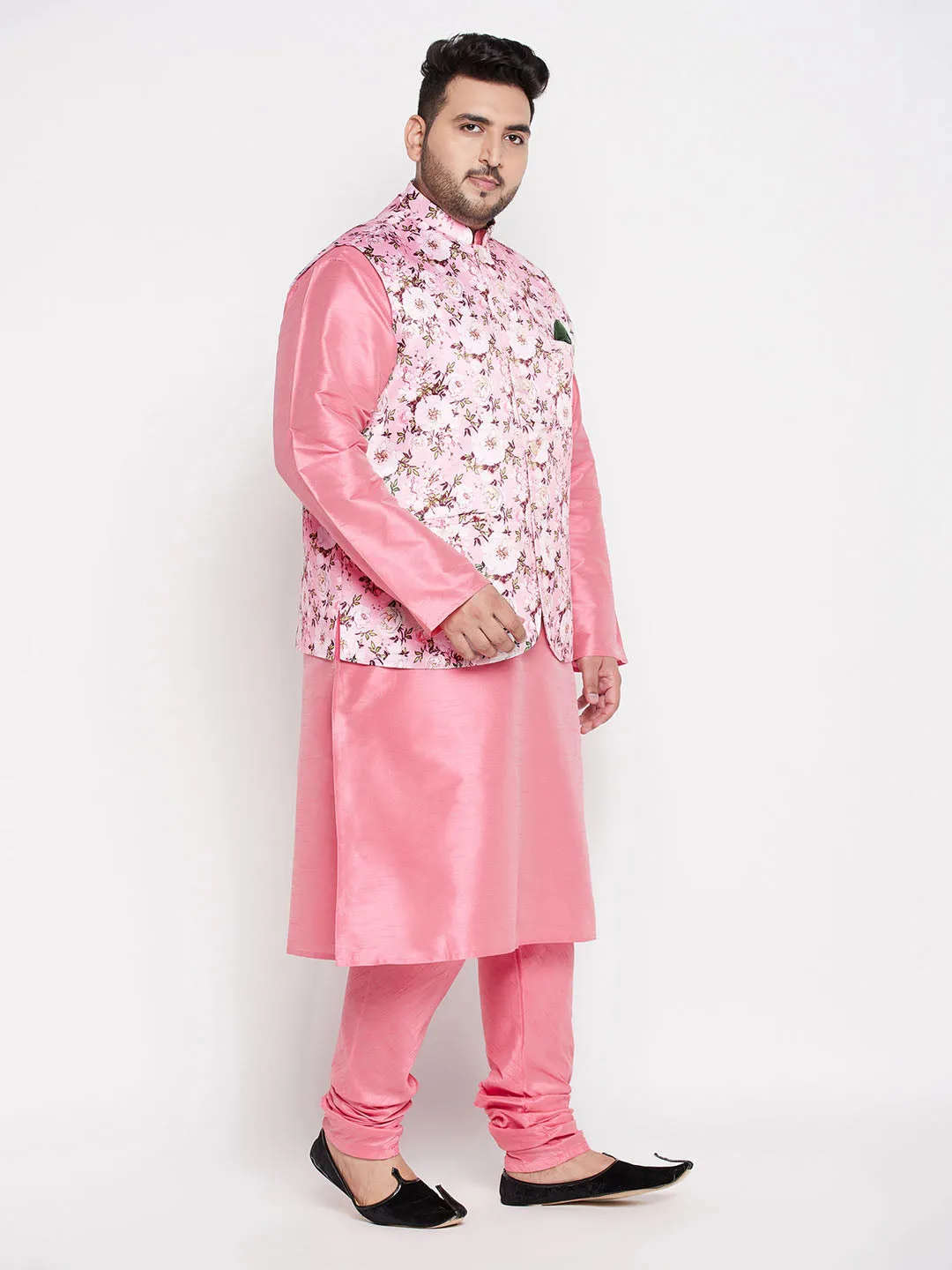 VASTRAMAY Men's Plus Size Pink Floral printed Jacket With Pink Solid Kurta Pyjama Set