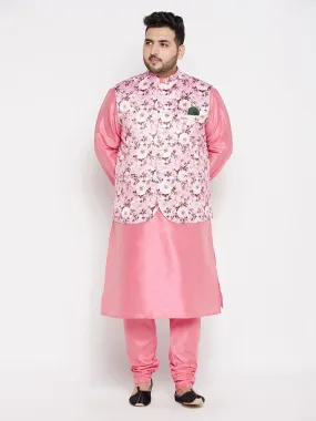 VASTRAMAY Men's Plus Size Pink Floral printed Jacket With Pink Solid Kurta Pyjama Set