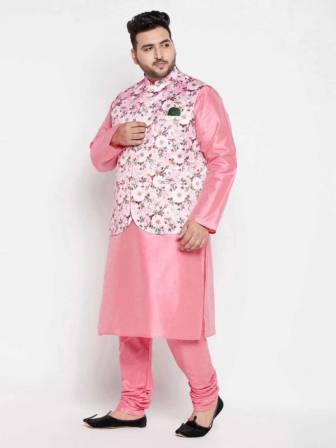 VASTRAMAY Men's Plus Size Pink Floral printed Jacket With Pink Solid Kurta Pyjama Set