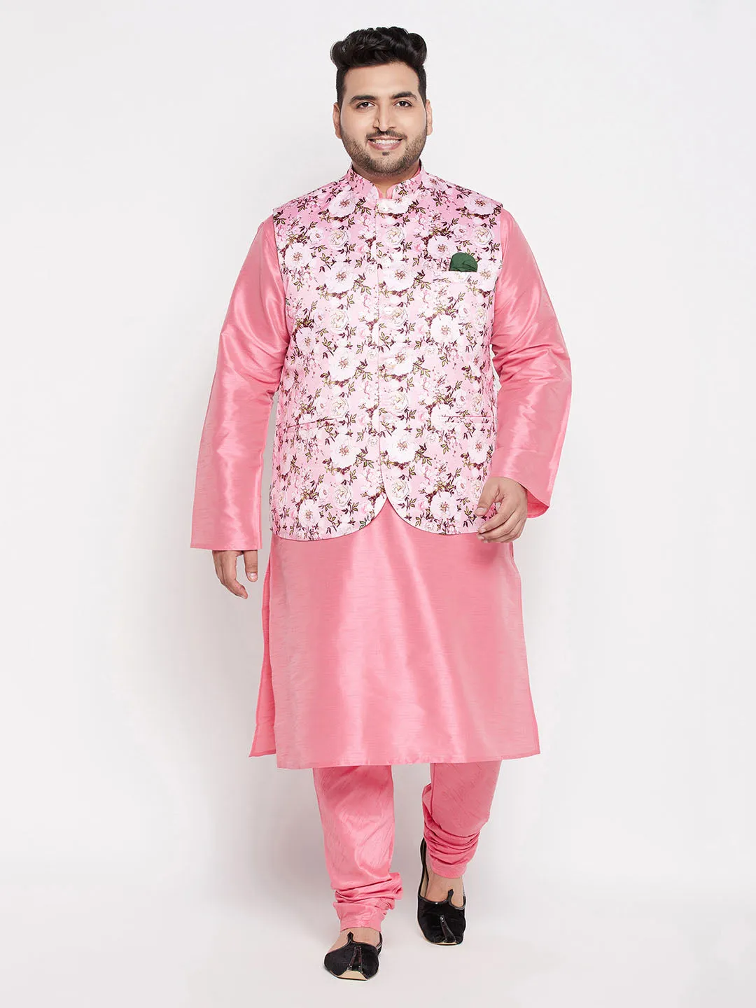 VASTRAMAY Men's Plus Size Pink Floral printed Jacket With Pink Solid Kurta Pyjama Set