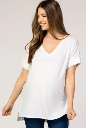 White V-Neck Cuffed Short Sleeve Maternity Top