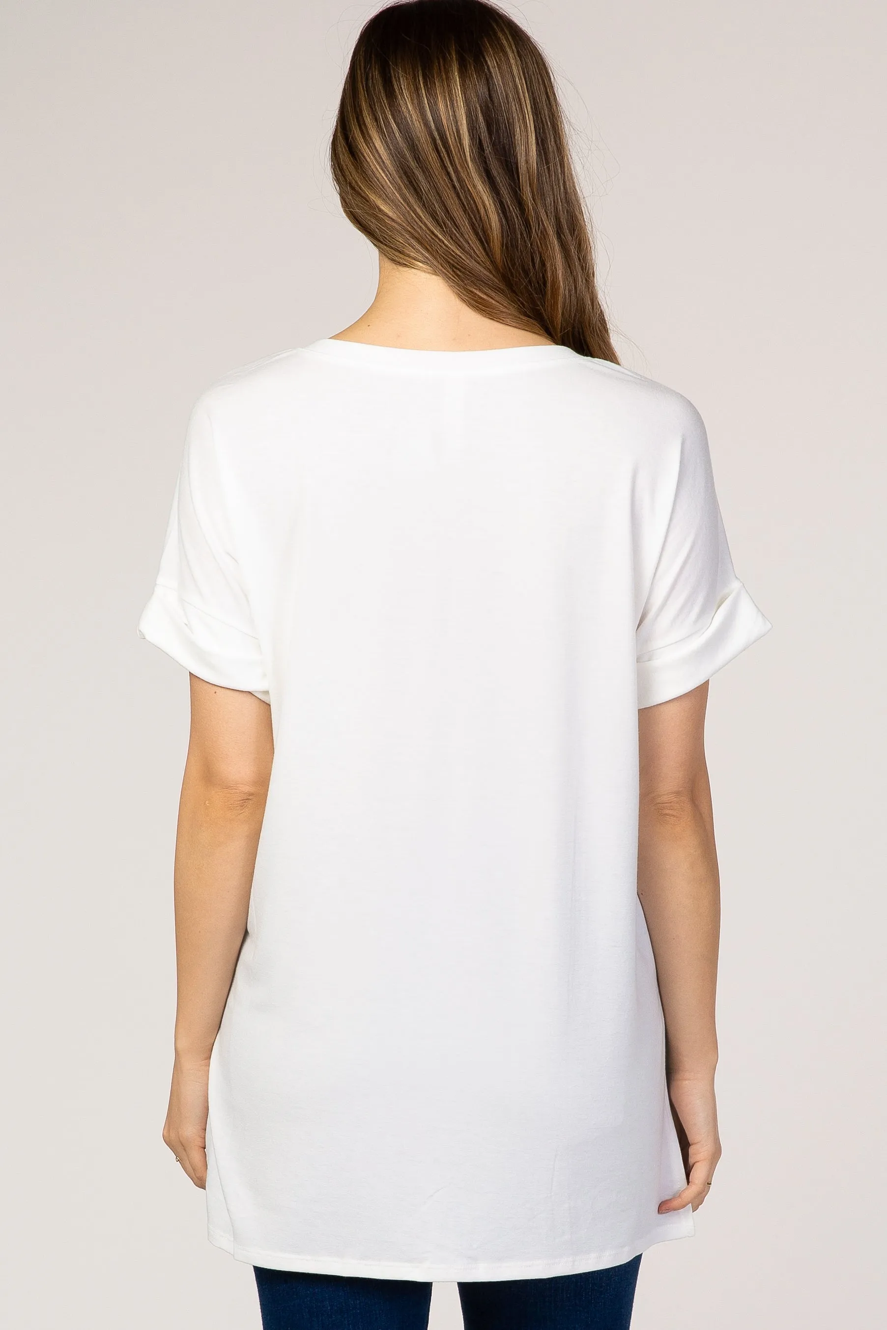 White V-Neck Cuffed Short Sleeve Maternity Top