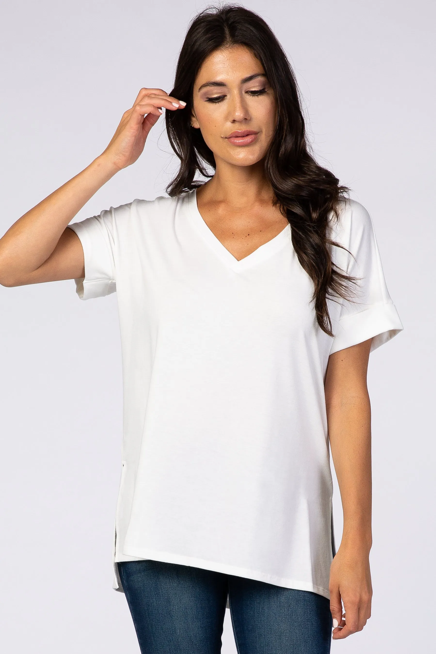 White V-Neck Cuffed Short Sleeve Maternity Top