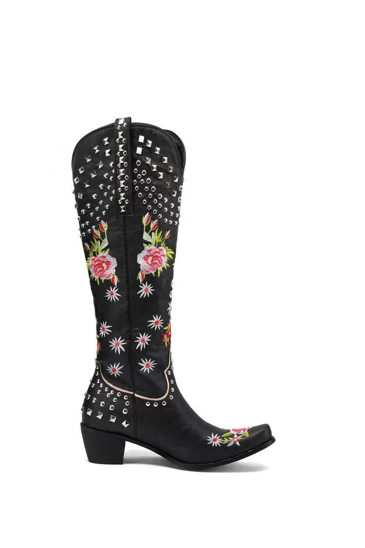 Women's Embroidery Rivets Puppy Heel Cowboy Knee High Boots