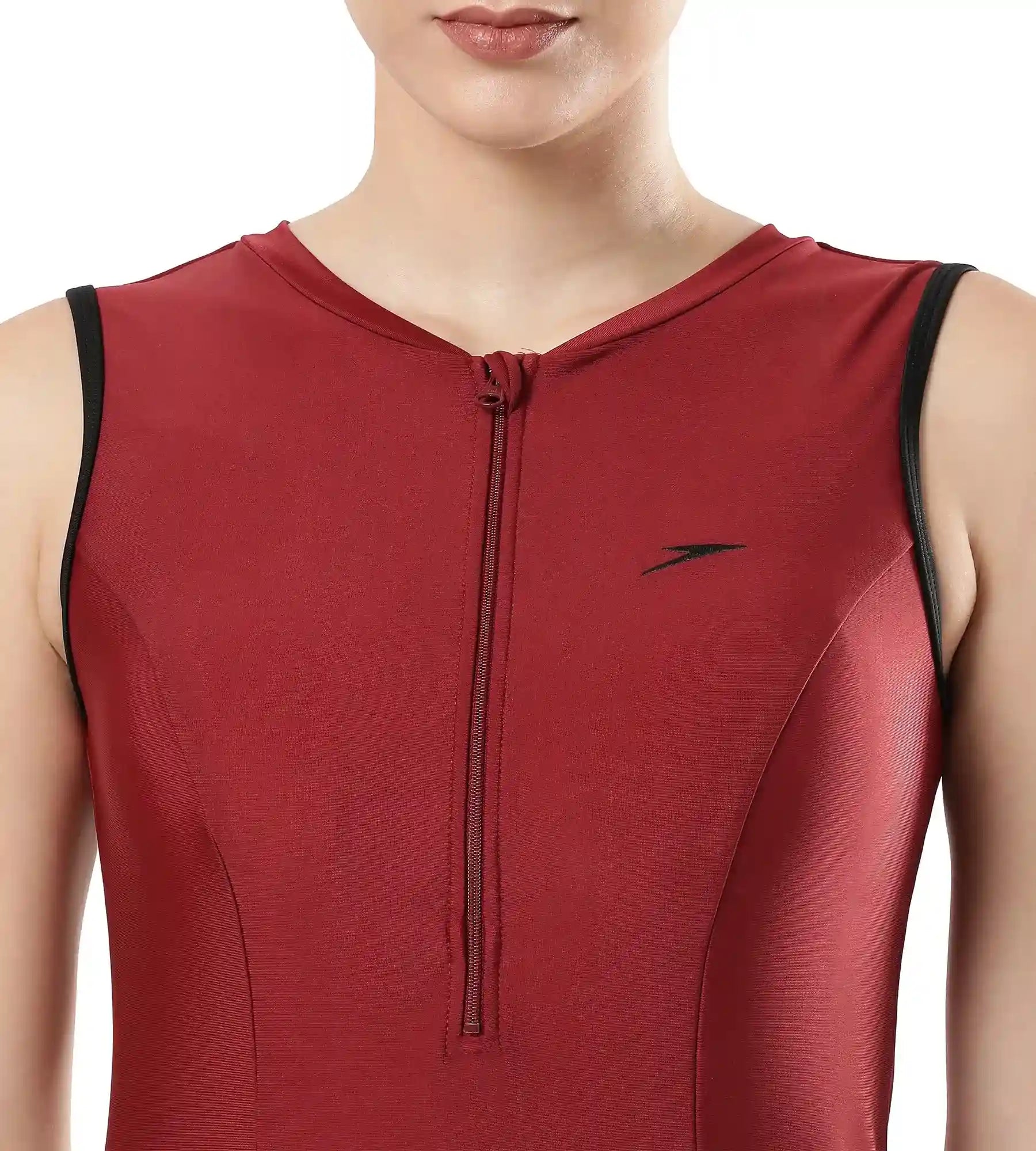 Women's Endura Brite Closedback Swimdress With Boyleg - Oxblood & Black