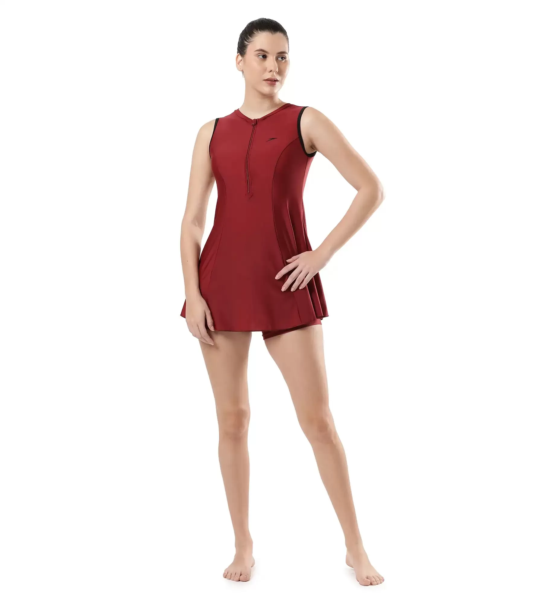 Women's Endura Brite Closedback Swimdress With Boyleg - Oxblood & Black