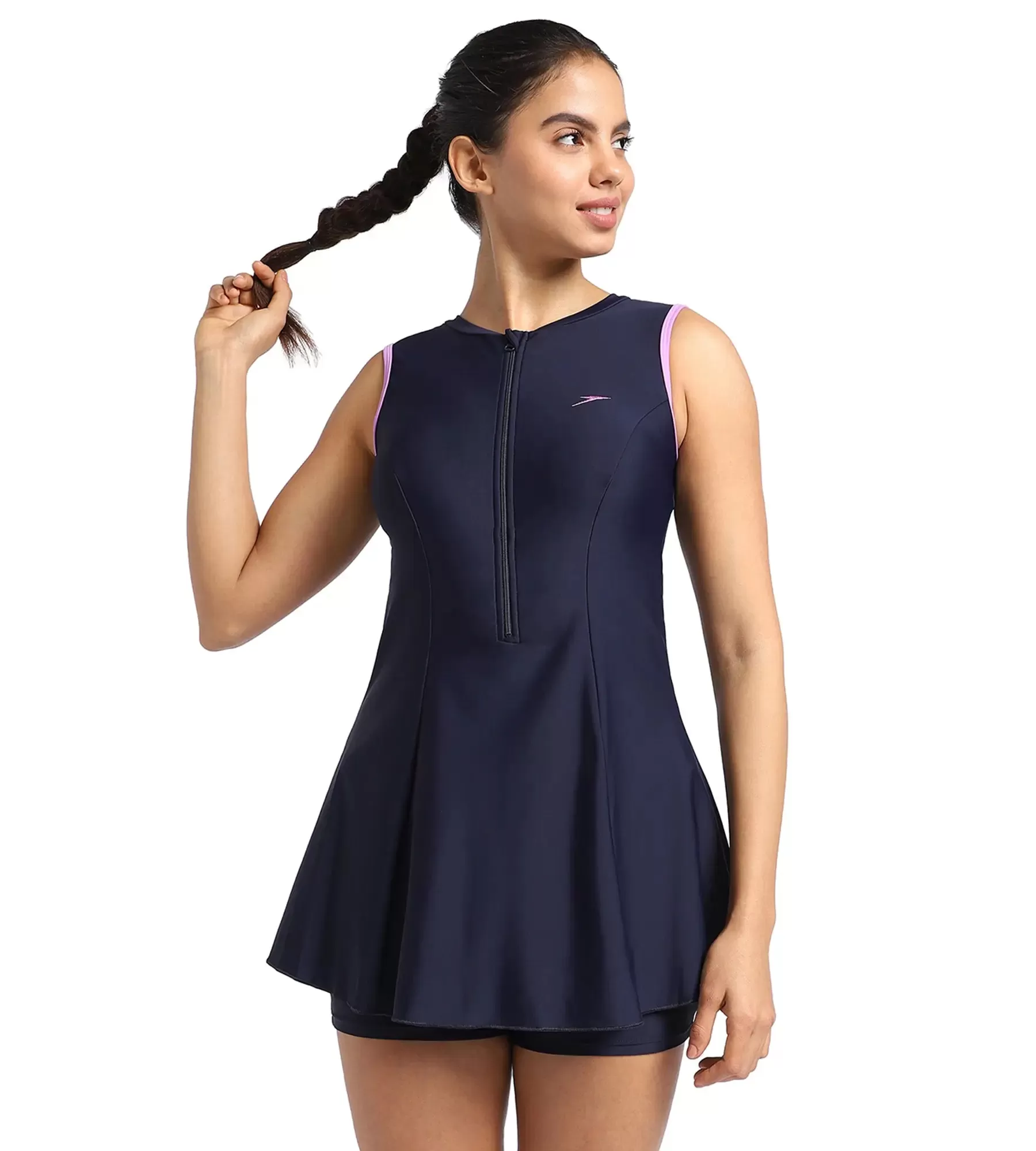 Women's Endurance Closedback Swimdress With Boyleg - True Navy  &  Sweet Purple