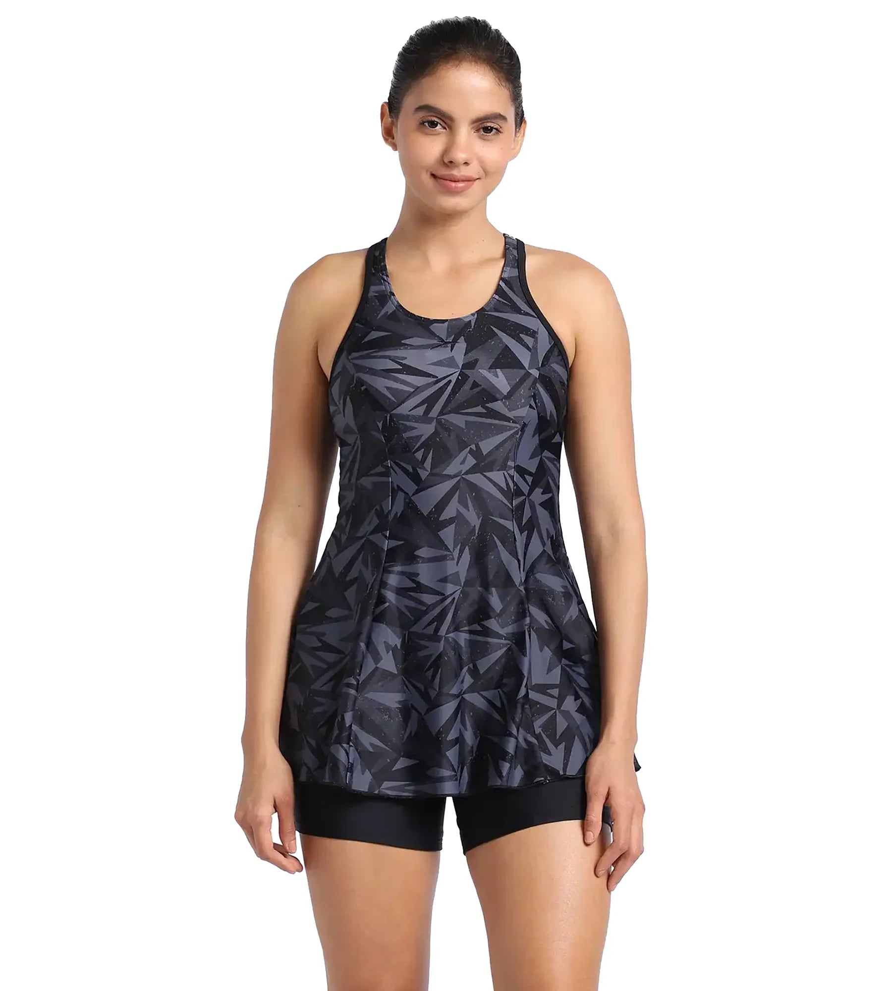 Women's Endurance Hyperboom Printed Racerback Swimdress With Boyleg - Black & Oxid Grey